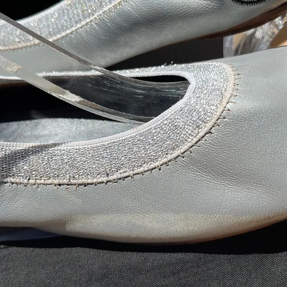 Authentic Chanel Silver Lambskin/Black Patent Leather Elastic Ballet Flats Shoes - Picture 14 of 16